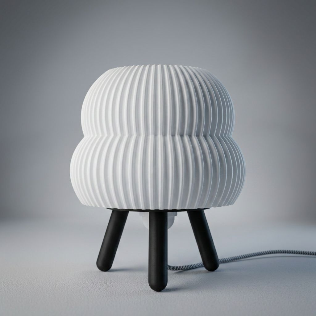 Luminária de mesa com difusor em duplo volume arredondado e nervuras verticais, base tripé preta – Vinga Estúdio
