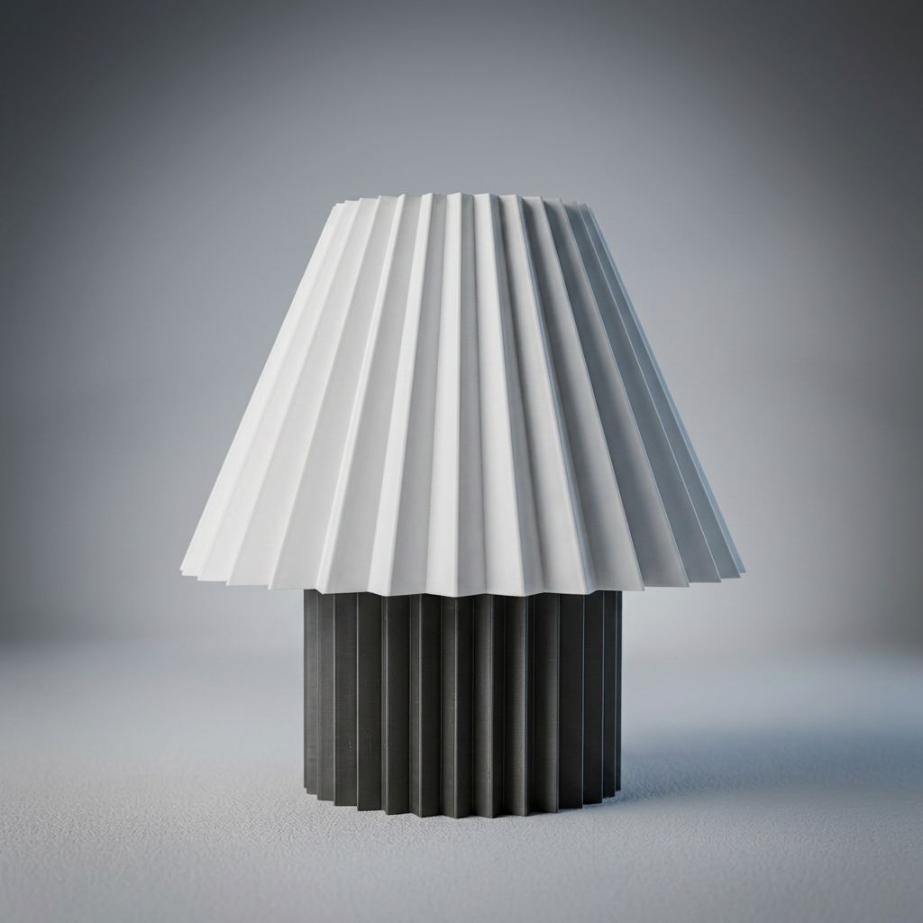 Luminária de mesa com abajur plissado cônico branco e base cilíndrica canelada preta – Vinga Estúdio
