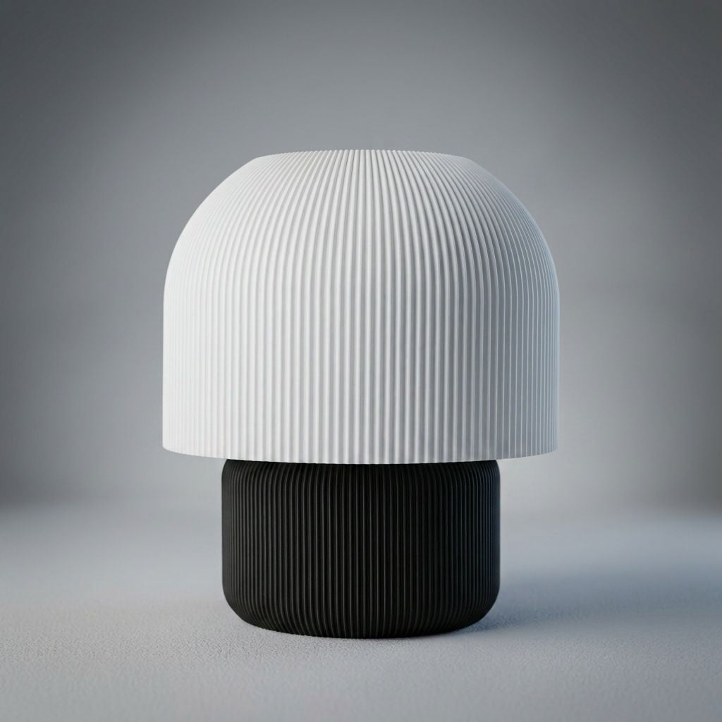 Luminária de mesa com cúpula arredondada em nervuras estilo cogumelo e base cilíndrica preta – Vinga Estúdio