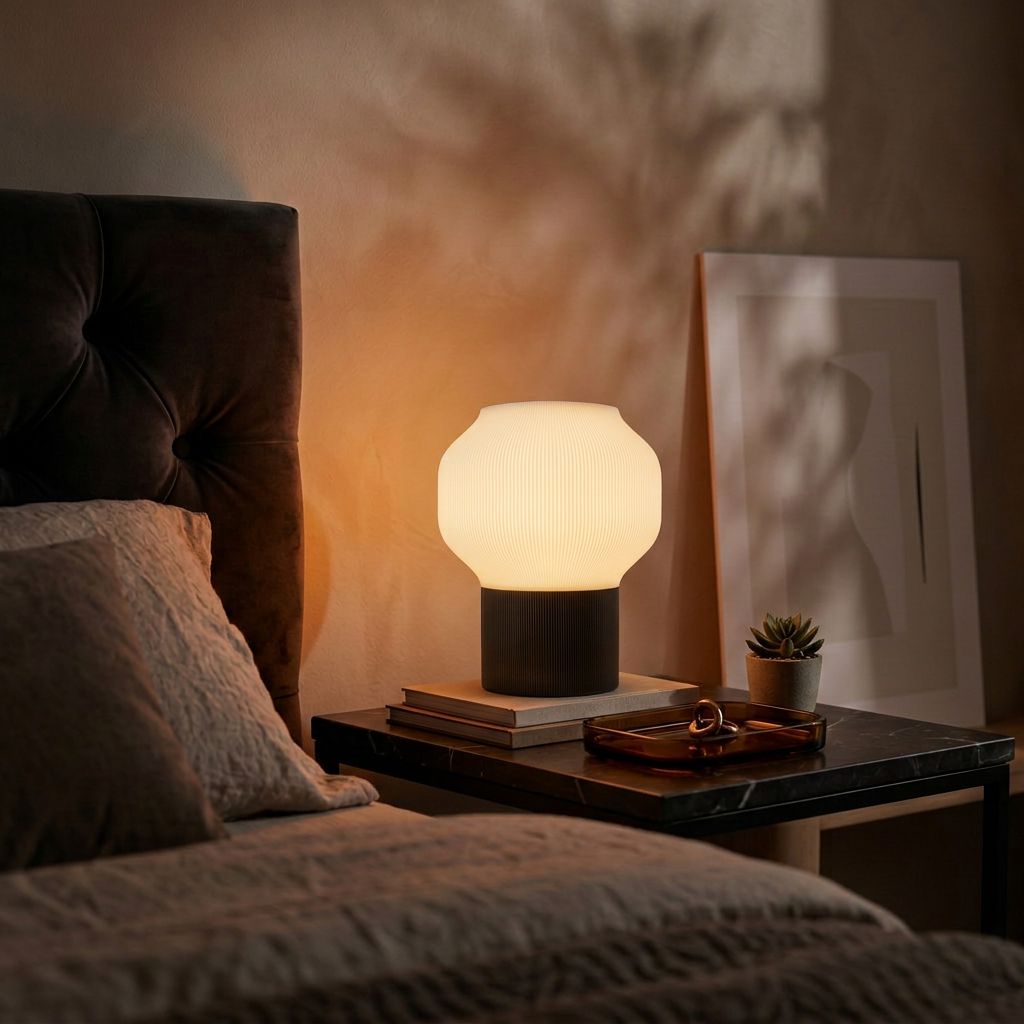 Luminária decorativa Vinga em home office com iMac e acessórios, iluminação de mesa para criadores – Vinga Estúdio

